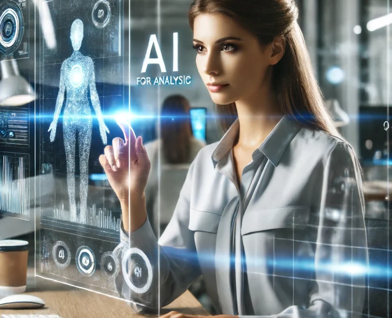 DALL·E 2024-06-15 19.08.44 - A professional woman using AI for data analysis in a modern office environment. The scene shows her interacting with futuristic holographic displays t