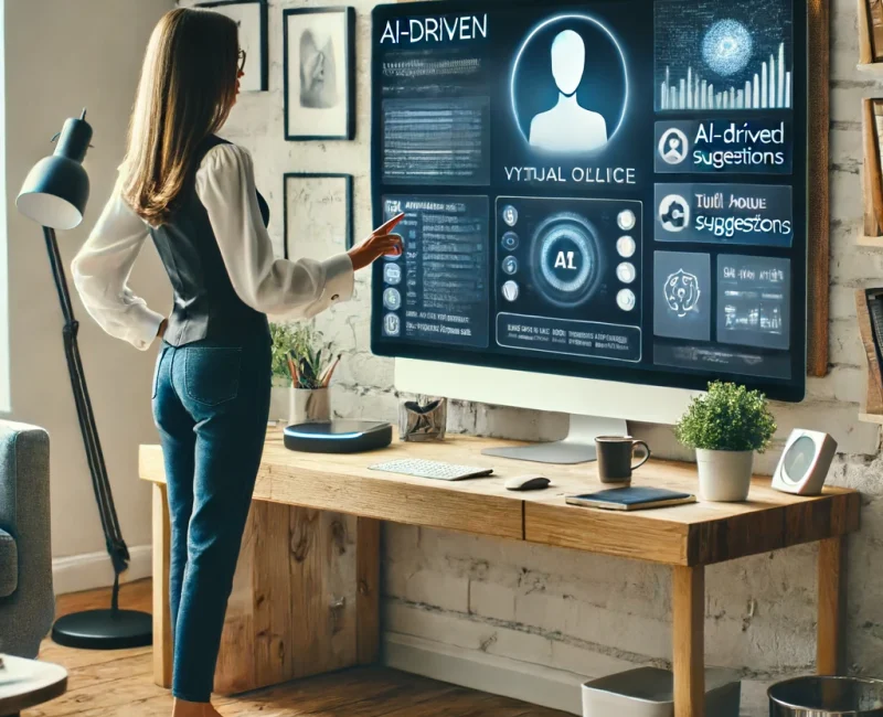 DALL·E 2024-06-15 19.08.47 - An entrepreneur interacting with a virtual assistant in her home office. The scene depicts her engaging with a large digital screen that displays AI-d